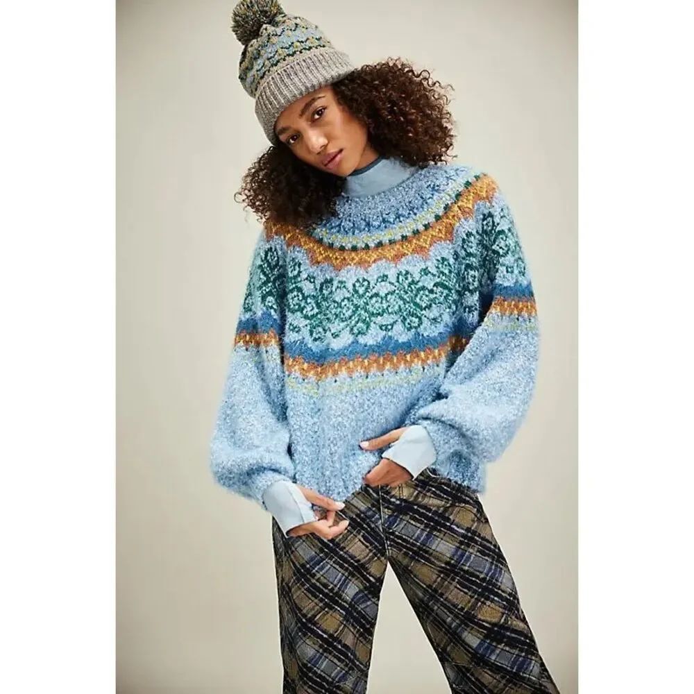 Free People Festive Frost Pullover Printed Scoop Neck Sweater Ice Blue Combo Med